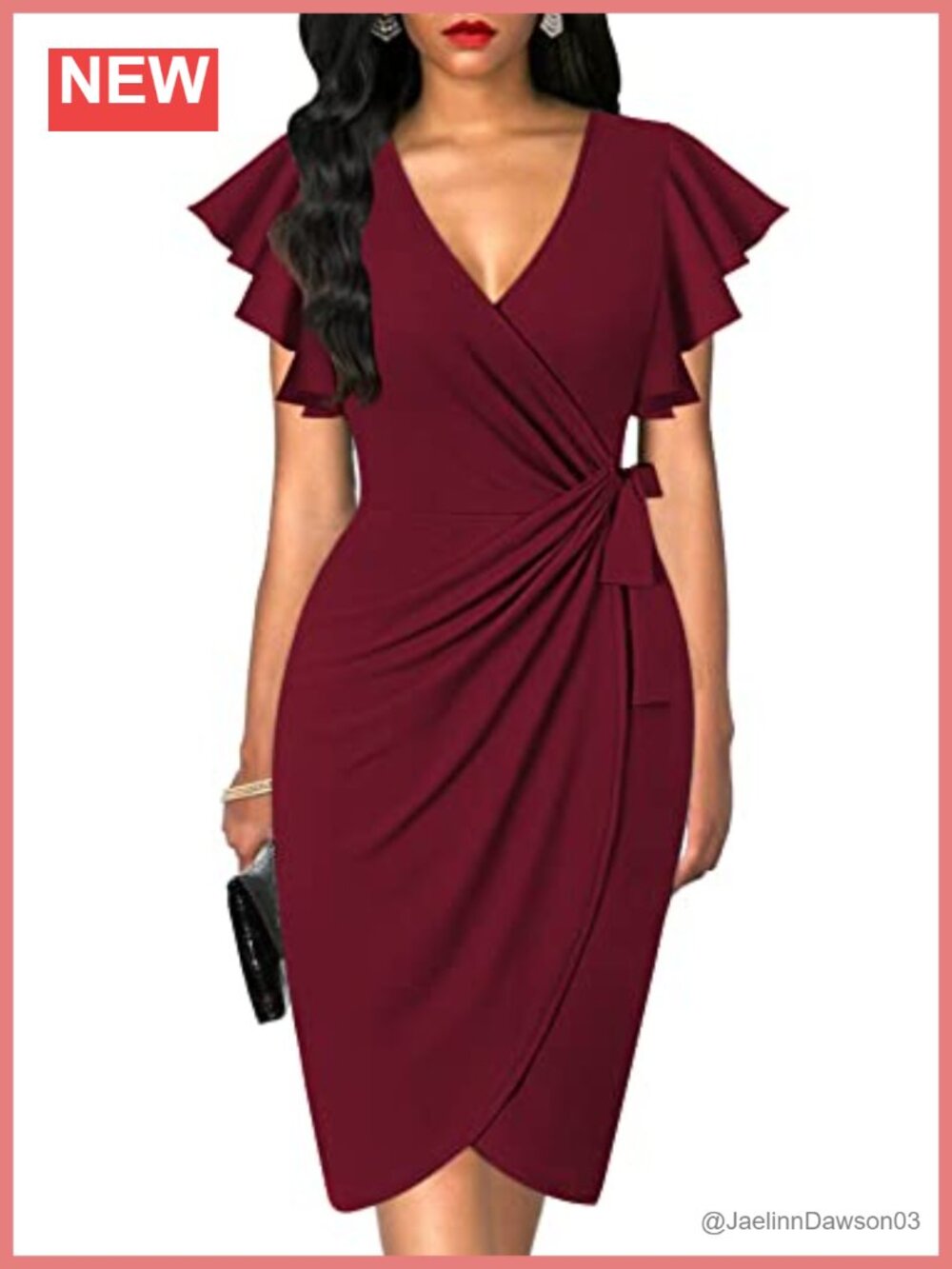 Womens Faux Wrap Dress Deep V Neck Ruffle Sleeve Cocktail Work Knee Length